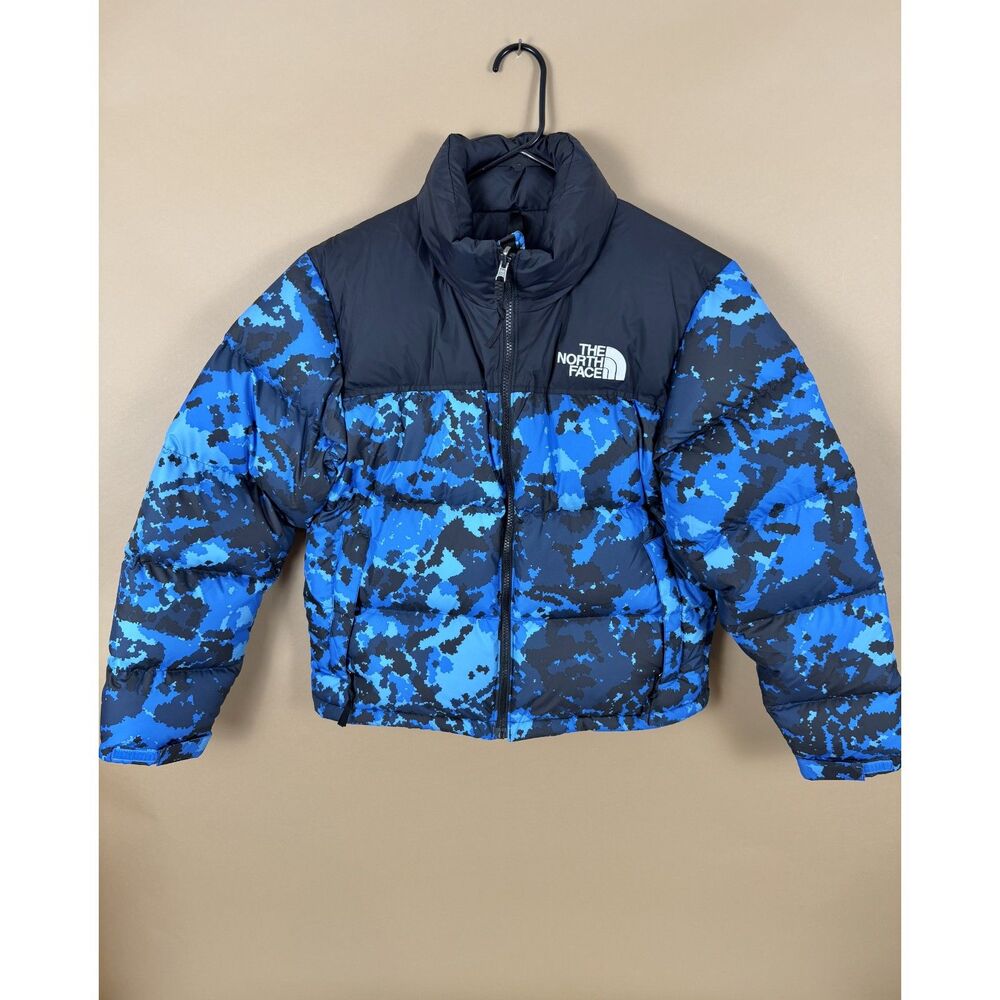The North Face 1996 Retro Nuptse Puffer Jacket Blue Digi Topo Print Womens M
